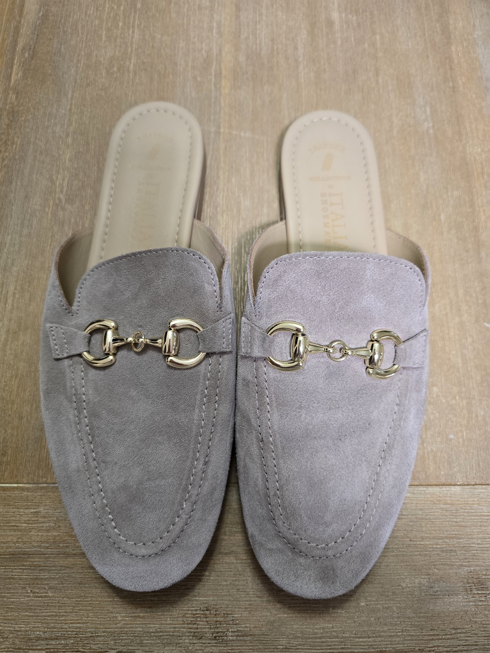 Italian Shoemakers Suede Mules in Light Taupe with Gold Bit